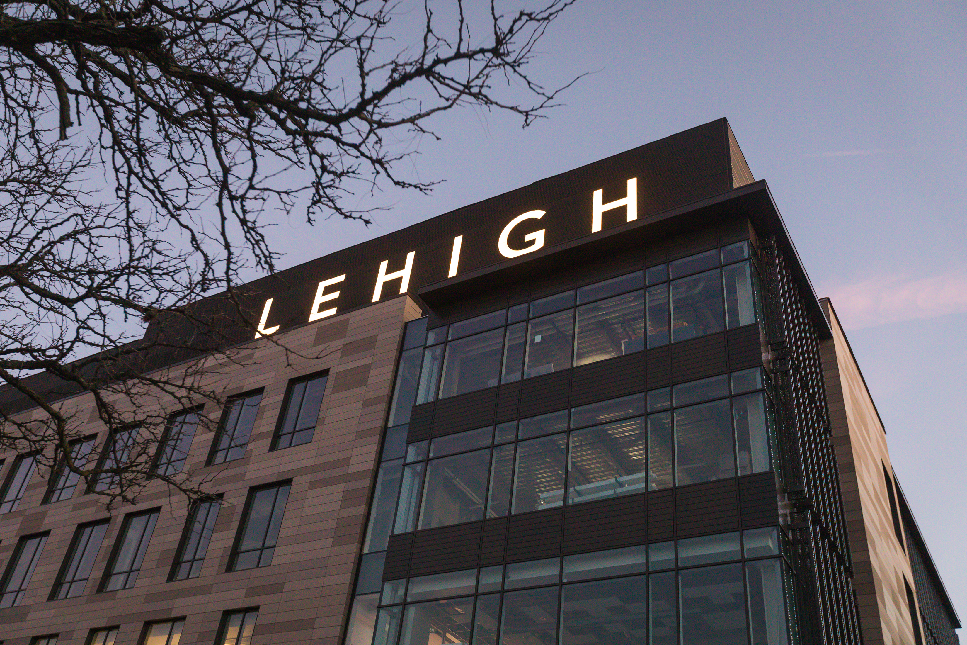 Looking up at the HST building at dusk