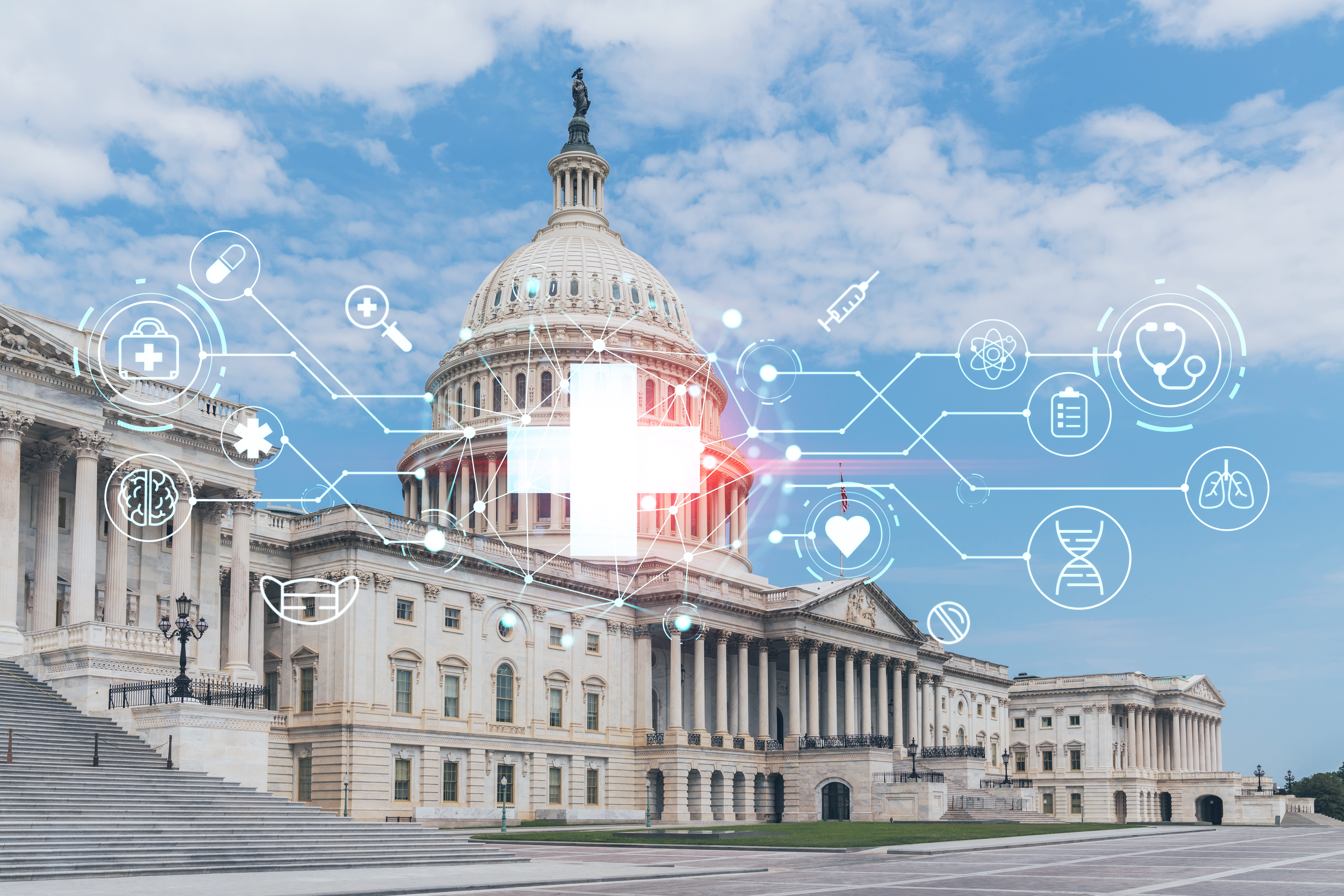 Health symbols in front of U.S. Capitol building